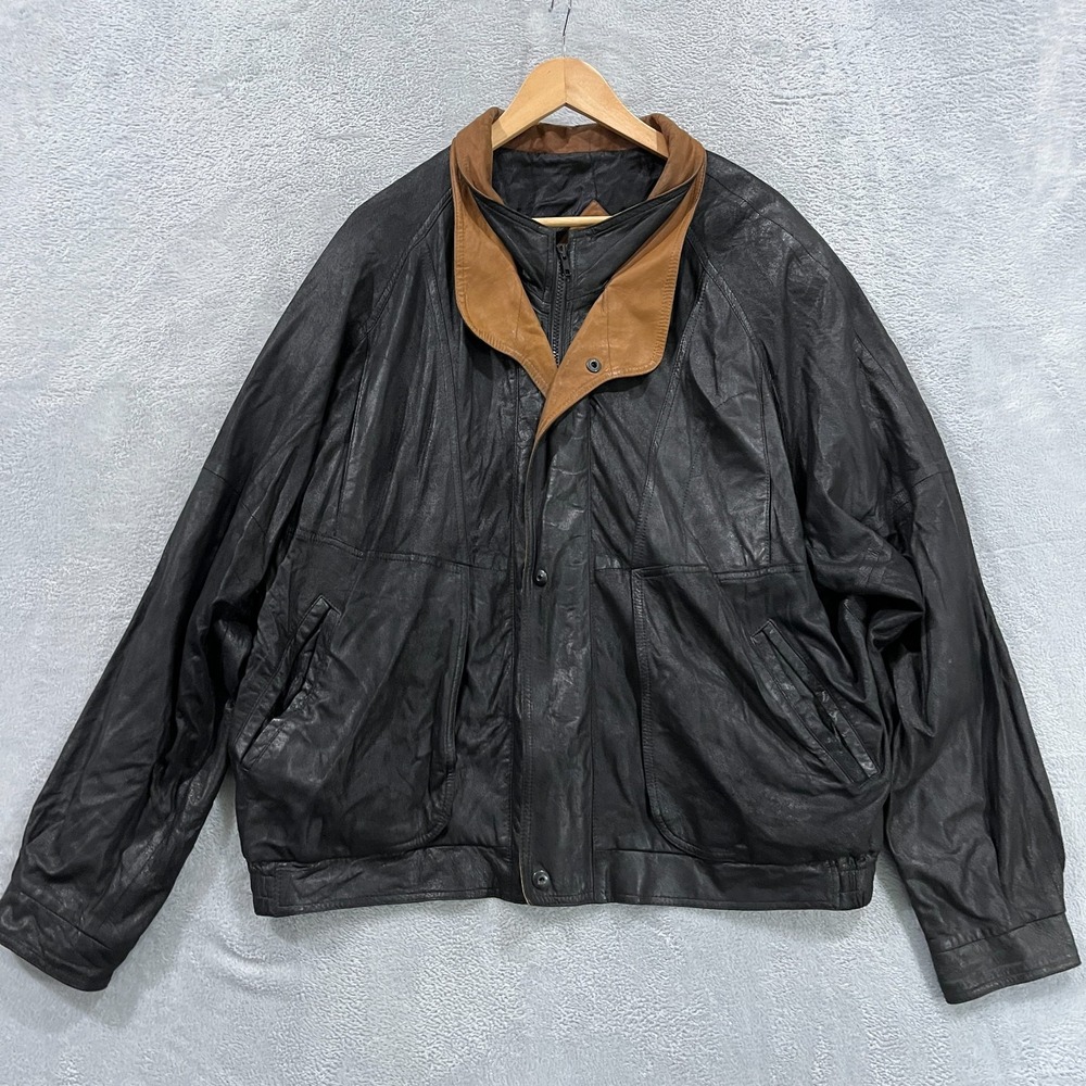 VTG Remy Leather Jacket Mens 46 Black Brown Double Collar Bomber‎ Western USA